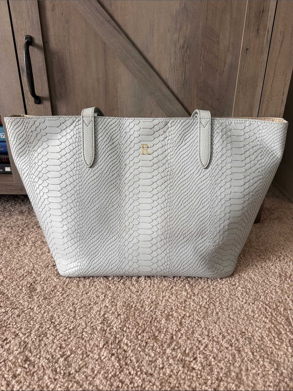 Gigi New York Monogrammed Light Gray Snake-Embossed Leather Tote Bag